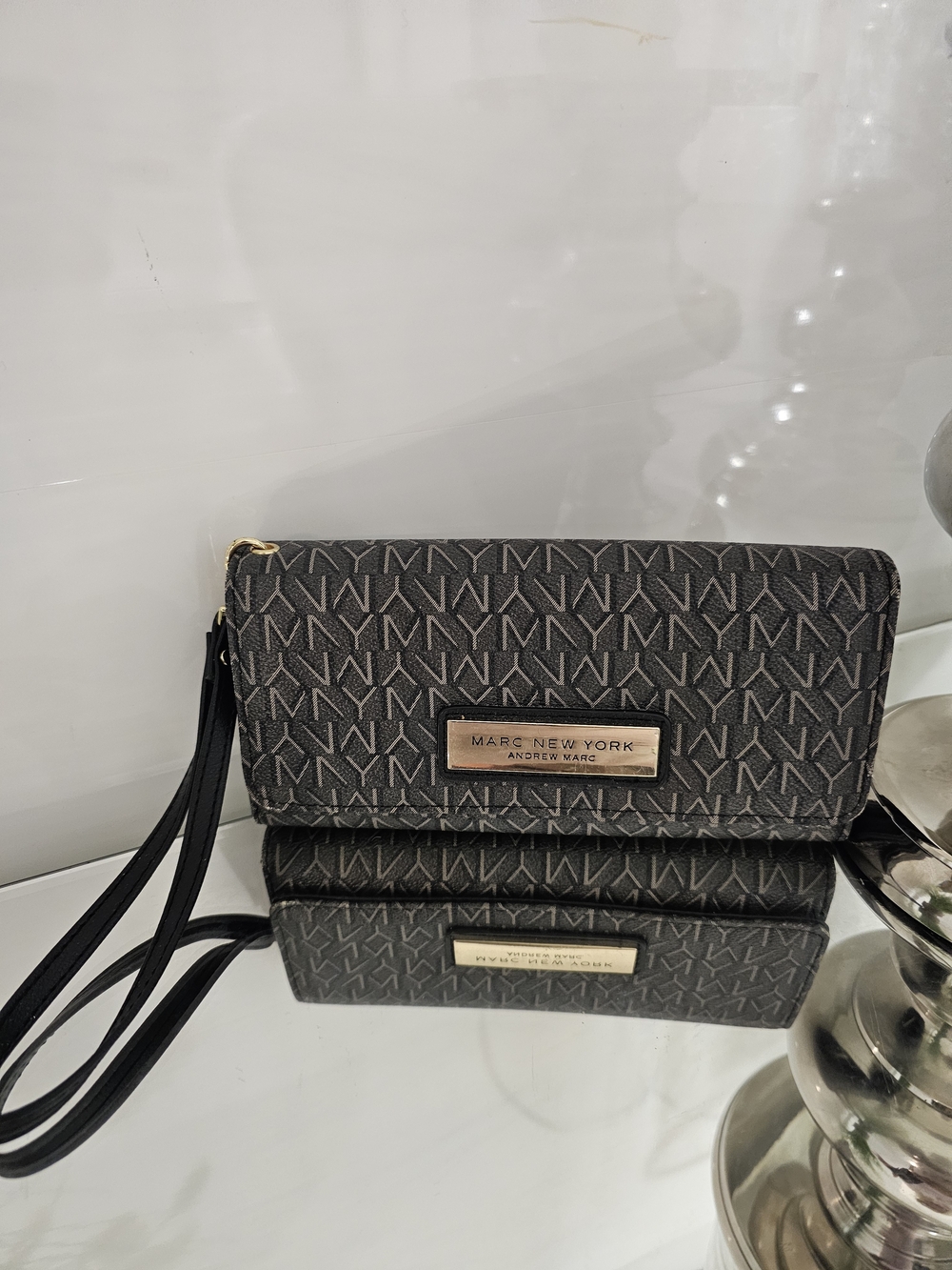 Andrew Marc Black Logo Print Wristlet Clutch with Plaque